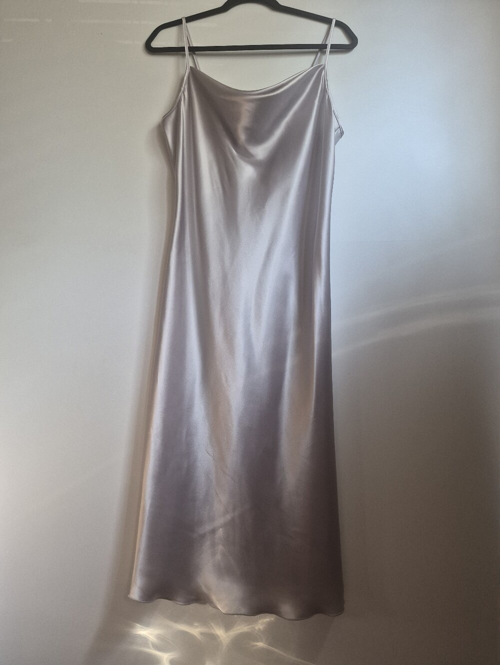 Vintage Y2K Bebe Satin Cowl Neck Slip Midi Dress Silver Gray L Made in USA